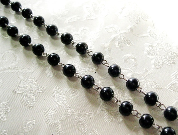 Black Glass Pearl 8mm Beaded Rosary Link Chain Silver, Larger Discounted Quantity Options 965-05(18)
