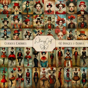 Curious Carnies: 60 Printable Surreal Circus People JPEG Images + Bonus Pages, Junk Journal Kit, Mixed Media Whimsical Clowns, Carnival Pics