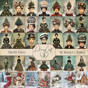 Frosty Folks: 50 fantazyjnych obrazków świątecznych, dziennik świątecznych śmieci, do wydrukowania, dziennik zimowych śmieci, efemerydy, cyfrowy dziennik, pamiętnik świąteczny