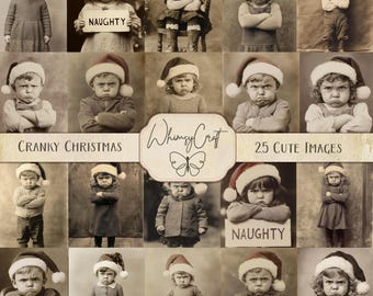 Cranky Christmas: 25 Vintage Christmas Children Photos, Funny Vintage Photo Collage Collection, Christmas Ephemera, Old Portrait Photographs