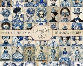 Blauwe toile-porseleinportretten: 50 chinoiseriebloemenafbeeldingen (JPG)