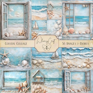 Collage costero: 36 imágenes de diario basura con técnica mixta y temática marina, papeles desgastados imprimibles en azul océano Shabby Chic, efímeras de playa vintage