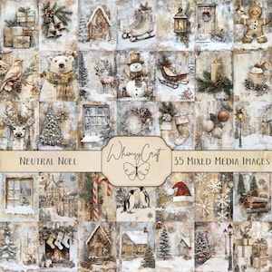 Neutral Noel: 35 Mixed Media Urlaubsbilder, Weihnachtspapiere, digitale Collage, Junk Journal Kit, Winterlandschaft, Weihnachtspostkarte, Vintage