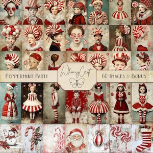 May include: A digital collage sheet with 60 images of whimsical Christmas characters and candy cane designs. The images are in a red and white color scheme and feature a variety of characters, including children, Santa Claus, and candy canes. The text "Peppermint Party" and "Whimsy Craft" are included in the collage.