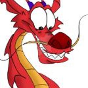 May include: A cartoon illustration of a red dragon with a yellow underbelly, a red nose, and a long, thin mustache. The dragon has a friendly expression with a wide smile and visible teeth. The dragon's horns are purple.