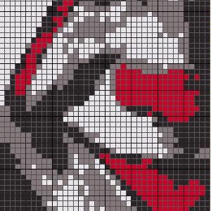 Könnte beinhalten: Pixelgrafik mit einem grau, weißen und roten Design und dem Text "YOU'LL FLOAT TOO" in weißen Blockbuchstaben. Das Bild ist eine stilisierte Darstellung einer Figur.