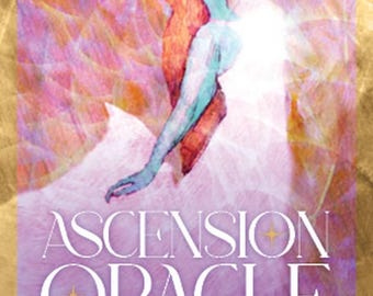 May include: A purple and pink background with a woman in a white dress reaching upwards. The text "Ascension Oracle" is in white with gold accents. The text "Connect to your sacred light" is below the title.