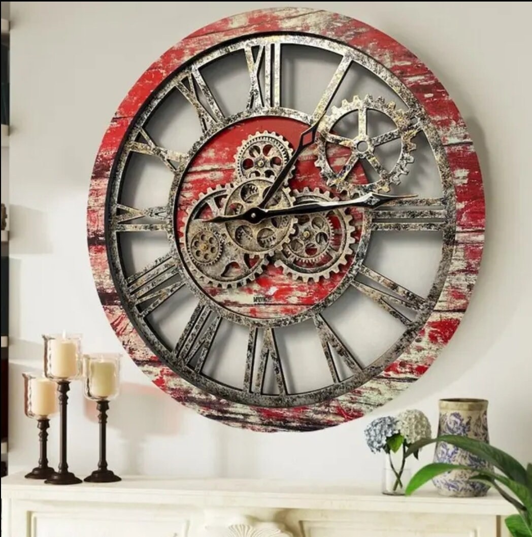 Vintage Style Wall Clock Living Room Clock Moving Gear Clock Industrial ...