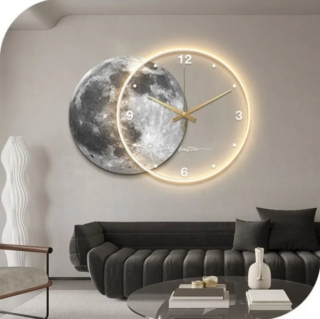 Luxurious LED Clock Wall Mounted Clock Moon Lunar Design Living Room ...