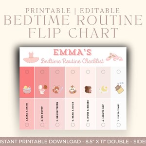 Könnte beinhalten: Eine druckbare Checkliste für die Abendroutine mit einem rosafarbenen Ballerina-Thema. Die Checkliste umfasst 7 Schritte: Baden, aufs Töpfchen gehen, Zähne putzen, ein Buch lesen, Umarmungen und Küsse, Licht aus und Schlafenszeit. Die Checkliste ist für ein Kind namens Emma konzipiert.