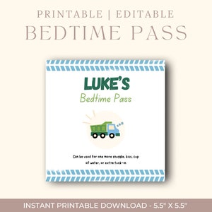 Bearbeitbarer druckbarer LKW-Bedtime Pass | Ticket to Get Out of Bed | Bleib in Deinem Bett | Incentive-Programm