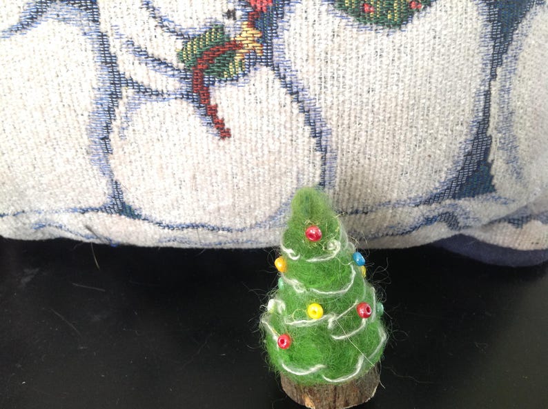 Little Felted Christmas Tree Decoration on Small Tree Slice Needle