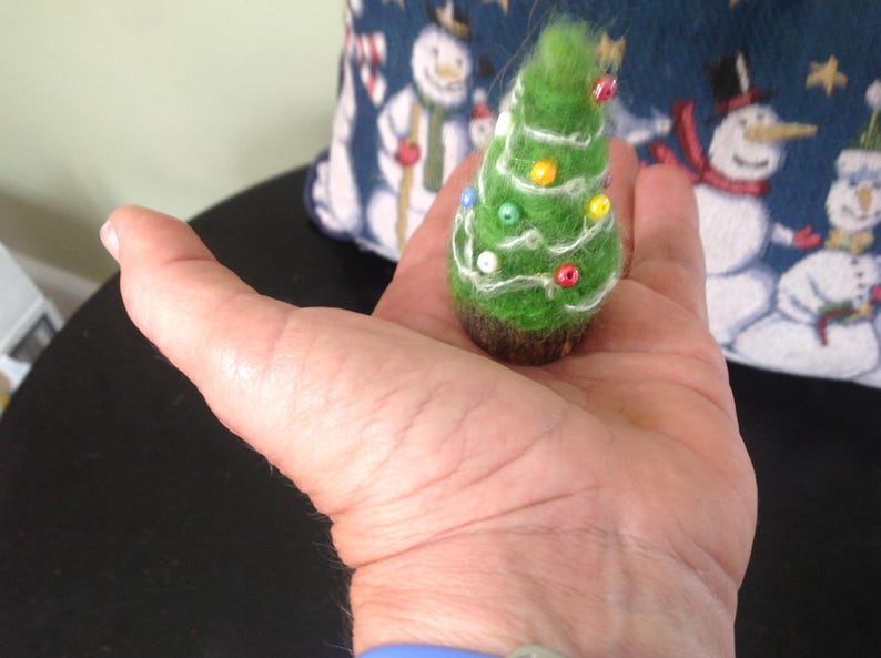 Little Felted Christmas Tree Decoration on Small Tree Slice Needle