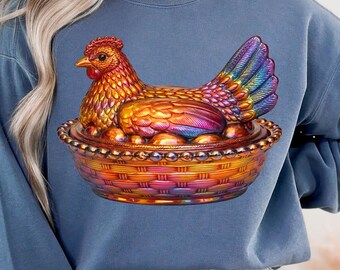Glass Hen on Nest PNG – Grandma Core Thrifted Sublimation Design