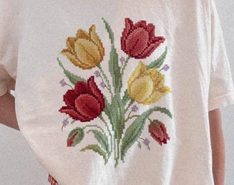 Faux Embroidery Cross Stitch Tulip PNG, Thrifting Grandma Core Sublimation, Granny Shirt Design
