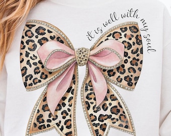 It Is Well With My Soul Png, Leopard Print Bow Png, Christian Bow Png, Hand Drawn Bow Png, Bible Verse Sticker Png, Coquette Bow Sublimation
