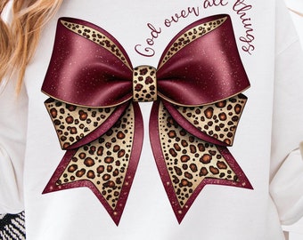 God Over All Things PNG, Burgundy Leopard Print Bow PNG, Maroon Coquette Bow PNG, Christian Bow, Bible Verse Sticker, Sublimation Design