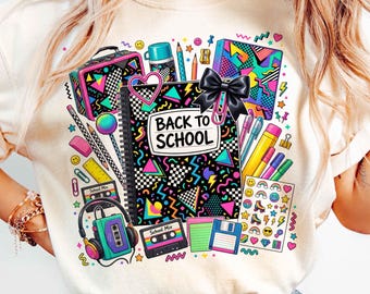 Back to School PNG, 80s School Supplies, Teacher Shirt Design, Retro Notebook Lunchbox Clipart
