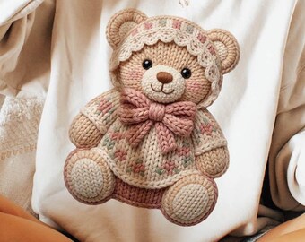 Grandma Core PNG, Faux Yarn Crochet Teddy Bear Sublimation Design (Commercial & Personal Use)