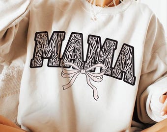 Mama Zebra Print Coquette Bow PNG, Trendy Varsity Mom Sublimation Design