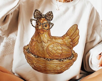 Hen on Nest PNG Faux Embroidery Sublimation Design, Grandmacore Leopard Print Thrifting Aesthetic Graphic