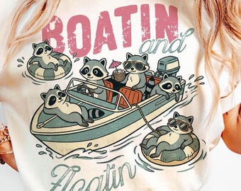 Boatin and Floatin Raccoon PNG, Motor Boating Funny Summer Beach Shirt Design, Retro Sublimation