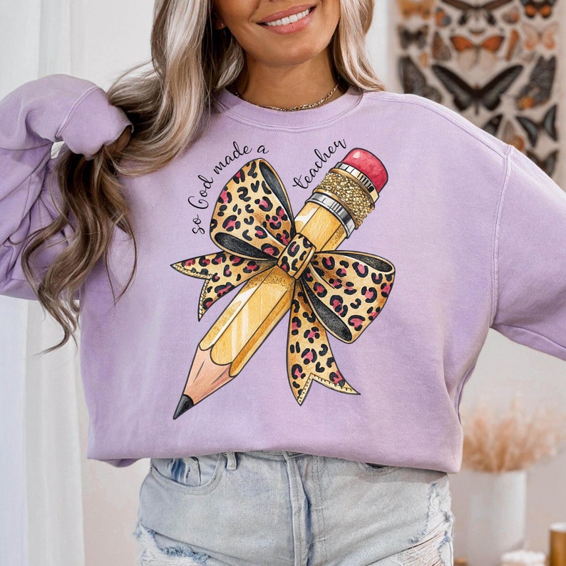 So God Made A Teacher Pencil with Leopard Print Bow PNG Clipart for Sublimation Design