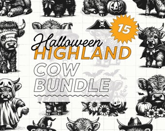 Może przedstawiać: Zestaw 15 czarno-białych ilustracji krów szkockich ubranych w kostiumy na Halloween. Ilustracje obejmują ducha, czarownicę, wampira, kowboja i wiele innych. Tekst "Halloween Highland Cow Bundle" jest napisany dużymi literami na obrazie.
