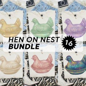 May include: A bundle of six cream-colored t-shirts, each featuring a hen on a nest design in various colors. The text "HEN ON NEST BUNDLE" is displayed, along with a "16" starburst graphic. The shirts are arranged with denim jeans, a camera, and a zebra-print fabric.