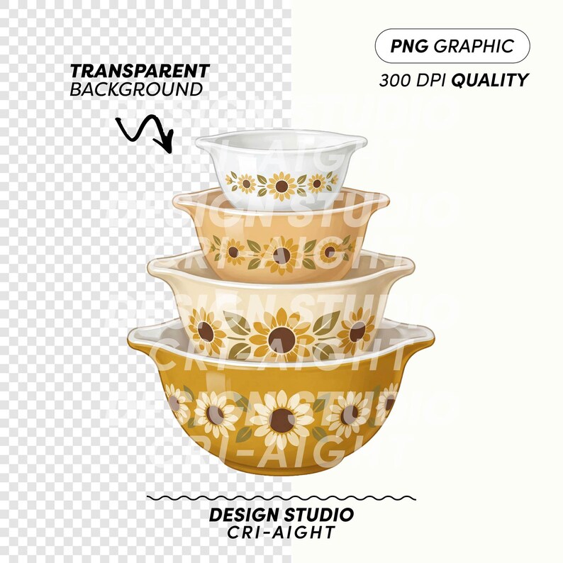 May include: A stack of four ceramic mixing bowls in varying sizes, each adorned with a sunflower design. The bowls are in shades of yellow, cream, and white. The image includes the text "PNG GRAPHIC 300 DPI QUALITY" and "DESIGN STUDIO CRI-AIGHT".