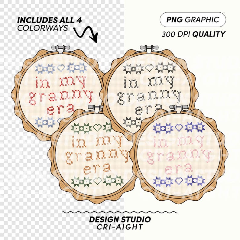 Puede incluir: Cuatro dise&ntilde;os de punto de cruz en aros de madera, cada uno con la frase "in my granny era" en diferentes colores: rojo, negro, verde y rosa. Tambi&eacute;n se ve el texto "INCLUDES ALL 4 COLORWAYS" y "PNG GRAPHIC 300 DPI QUALITY".