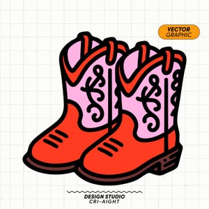 May include: A pair of red cowboy boots with pink and black stitching and a decorative design. The boots have a pointed toe and a high heel.