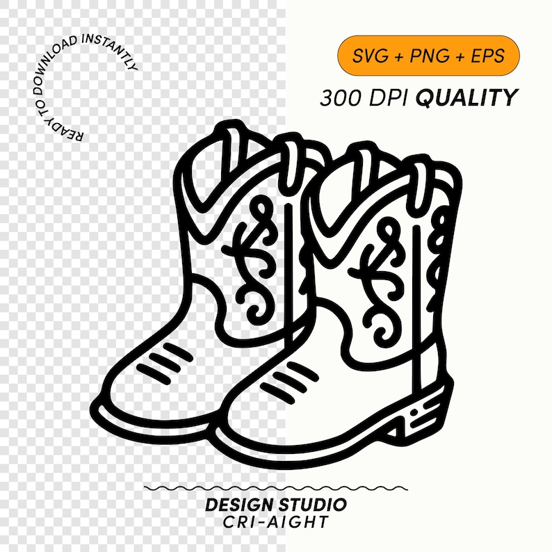 May include: A line drawing of a pair of cowboy boots with intricate stitching details. The boots are drawn in black on a white background.