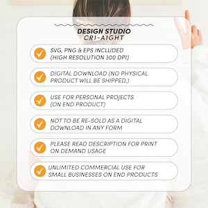 May include: A checklist of terms and conditions for digital downloads. The checklist includes information about the file types included, the resolution, commercial use, and other important details.