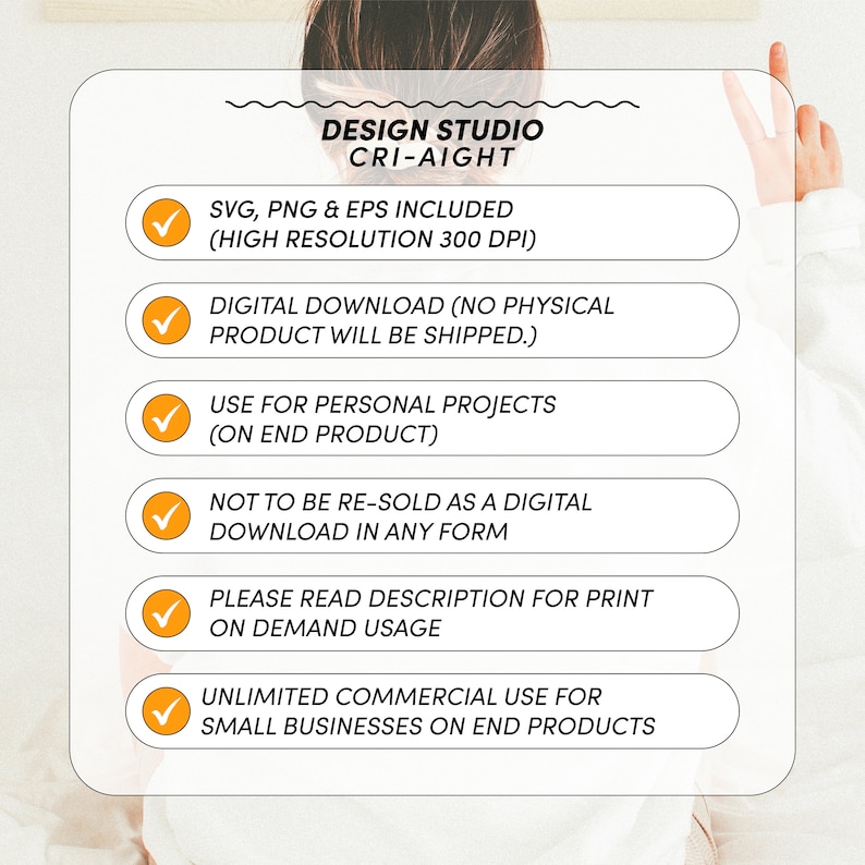 May include: A checklist of terms and conditions for digital downloads. The checklist includes information about the file types included, the resolution, commercial use, and other important details.