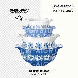 May include: A stack of four nesting bowls in shades of blue and white, featuring a snowflake pattern. The bowls have handles and are arranged from smallest to largest. The image includes the text "PNG GRAPHIC 300 DPI QUALITY" and "DESIGN STUDIO CRI-AIGHT".