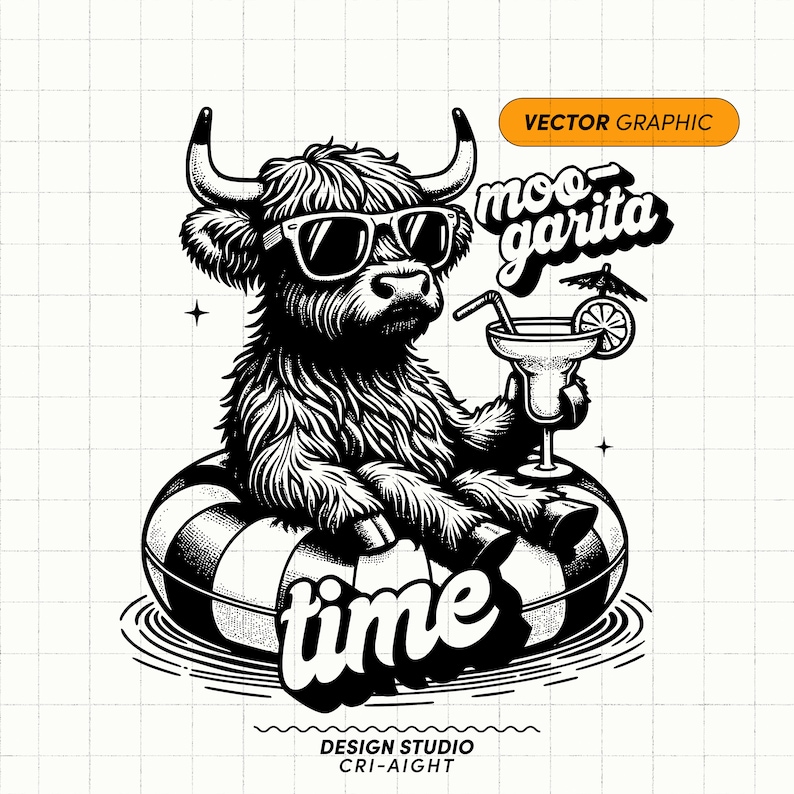 Highland cow sitting in the pool enjoying a margarita on a pool floatie - SVG, Sublimation Design