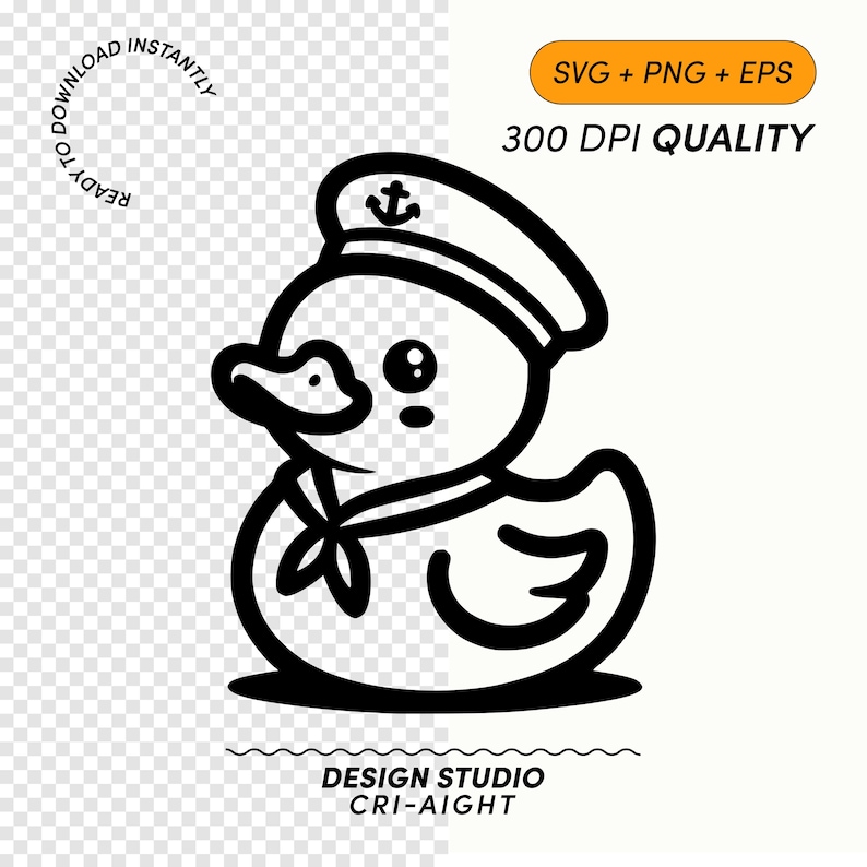 Puede incluir: Un dibujo en blanco y negro de un pato de goma de dibujos animados que lleva un gorro de marinero con un ancla. El pato lleva un cuello de marinero con una pajarita.