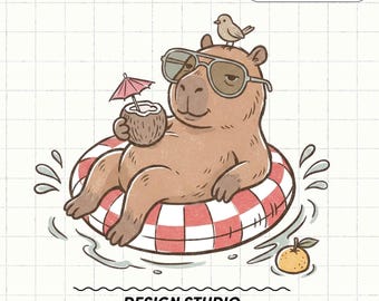 Capybara Summer Clipart, Beach T Shirt PNG, Pool Float, Trendy Junk Journal Digital Graphic