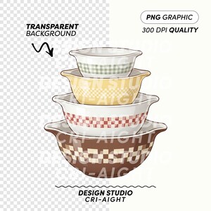 May include: A stack of four mixing bowls in various sizes, each with a different checkered pattern in shades of brown, red, yellow, and green. The bowls have a classic design with handles. The image includes the text "PNG Graphic 300 DPI Quality".