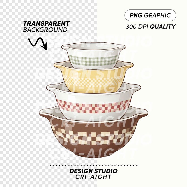 May include: A stack of four mixing bowls in various sizes, each with a different checkered pattern in shades of brown, red, yellow, and green. The bowls have a classic design with handles. The image includes the text "PNG Graphic 300 DPI Quality".