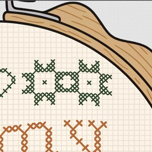 Puede incluir: Bastidor de bordado de punto de cruz con las palabras "I love my" bordadas en hilo marr&oacute;n y verde. El dise&ntilde;o incluye un coraz&oacute;n y motivos florales sobre una tela color crema, en un aro de madera.