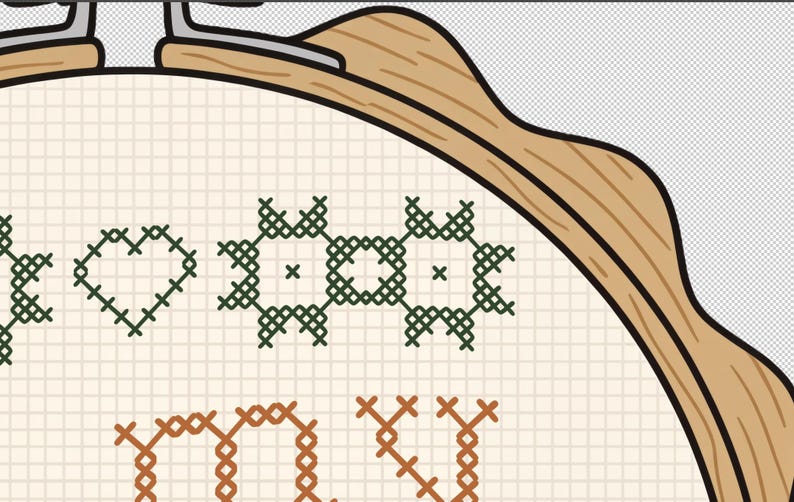 Puede incluir: Bastidor de bordado de punto de cruz con las palabras "I love my" bordadas en hilo marr&oacute;n y verde. El dise&ntilde;o incluye un coraz&oacute;n y motivos florales sobre una tela color crema, en un aro de madera.