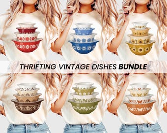 Pyrex PNG Bundle, Grandma Core Thrifted Vintage Dishes Sublimation Design & Clipart