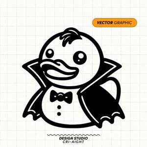 Op de afbeelding: Zwart-wit vectorafbeelding van een cartoon eend verkleed als vampier, met een cape, vlinderdas en knopen. De afbeelding bevat de tekst "VECTOR GRAPHIC" in een oranje rechthoek en "DESIGN STUDIO CRI-AIGHT" onderaan.