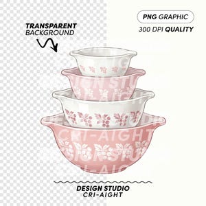 May include: A stack of four mixing bowls in varying sizes. The bowls alternate between white and pink, with a floral and berry design. The image is a PNG graphic with a transparent background.