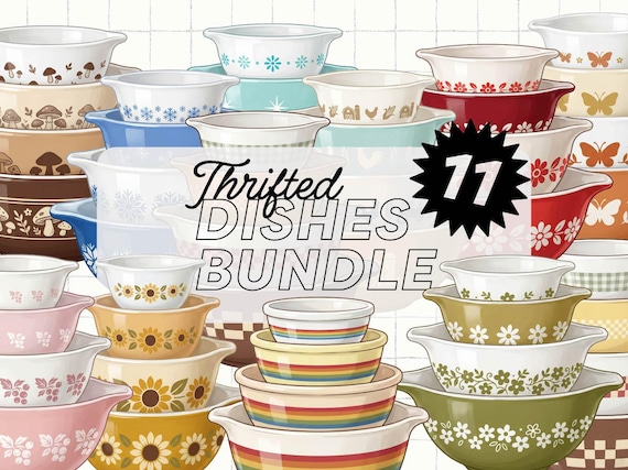 Pyrex PNG Bundle, Grandma Core Thrifted Vintage Dishes Sublimation Design & Clipart