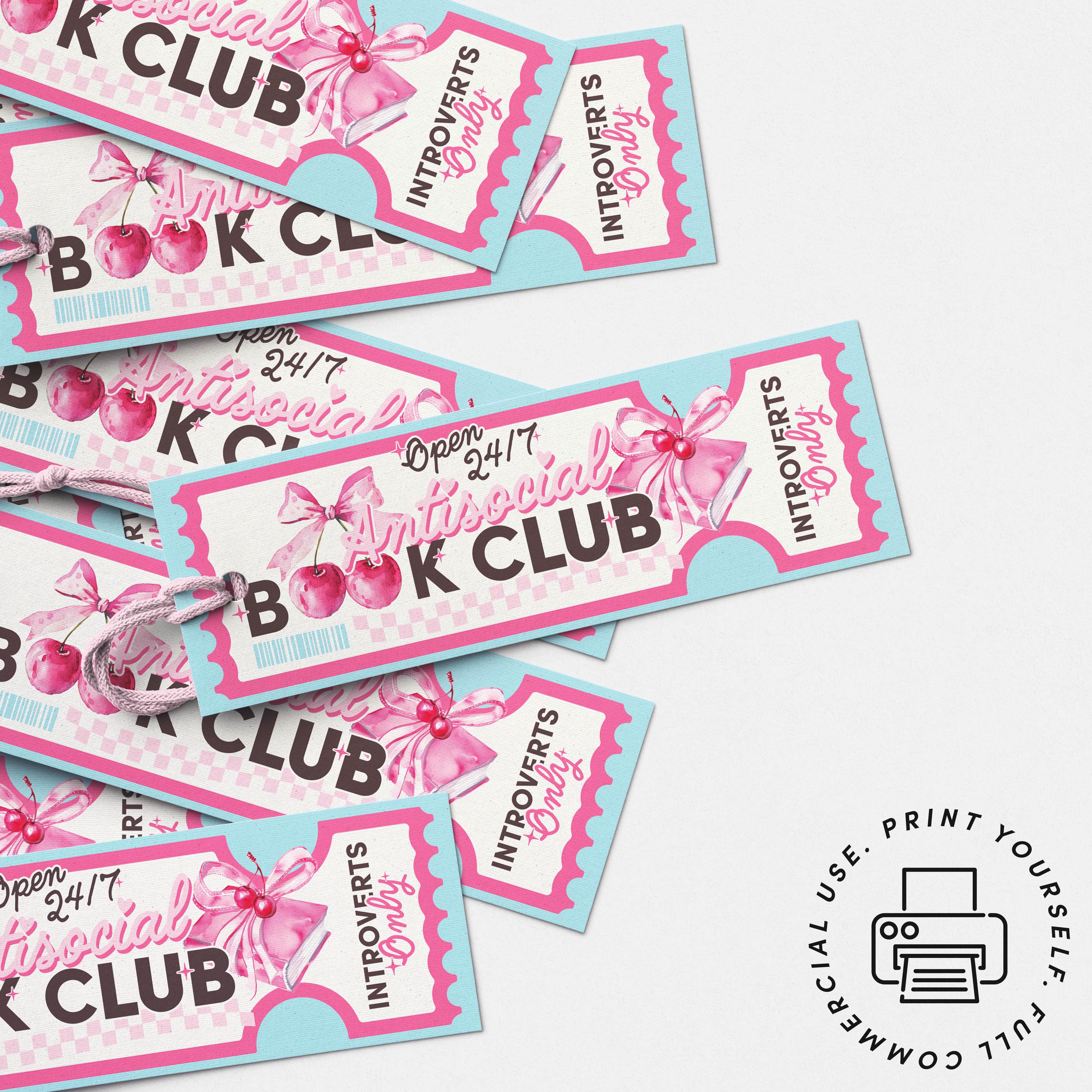 Anti Social Book Club Bookmark PNG Design, Book Club Ticket Bookmark, Introvert PNG, Movie Ticket Bookmark, Coquette Aesthetic Bookmark PNG