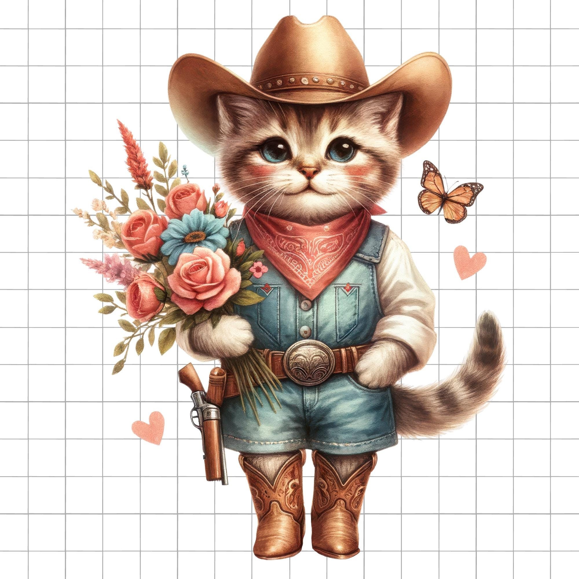 Cowboy Cat PNG, Floral Kitten Clipart, Valentines Day Clipart, Western Watercolor Clipart, Cute Kitten PNG, Cat Junk Journal Clipart