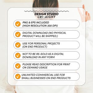 Puede incluir: Una lista de verificaci&oacute;n de los t&eacute;rminos y condiciones para las descargas digitales. La lista de verificaci&oacute;n incluye informaci&oacute;n sobre archivos de alta resoluci&oacute;n, descargas digitales, proyectos personales, uso comercial y uso de impresi&oacute;n bajo demanda.